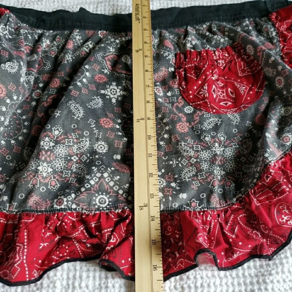 Handcrafted Bandana Paisley Half Apron Grey Red Ruffle Pocket Cottagecore